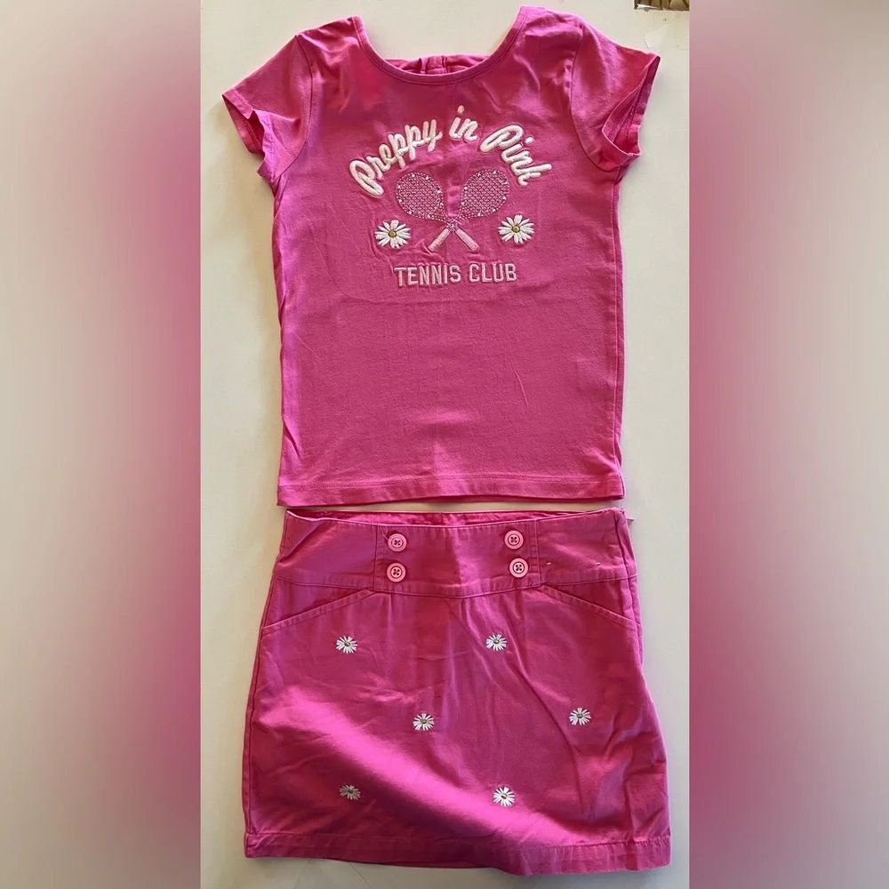 Gymboree Girls Skort & shirt set pink Tennis & Daisy theme Preppy size 5 cotton